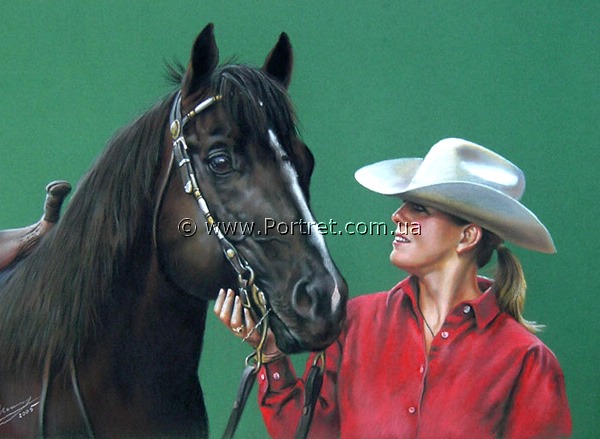 Girl with a horse. Pastel.