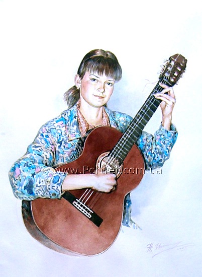 Girl with a guitar. Watercolor.